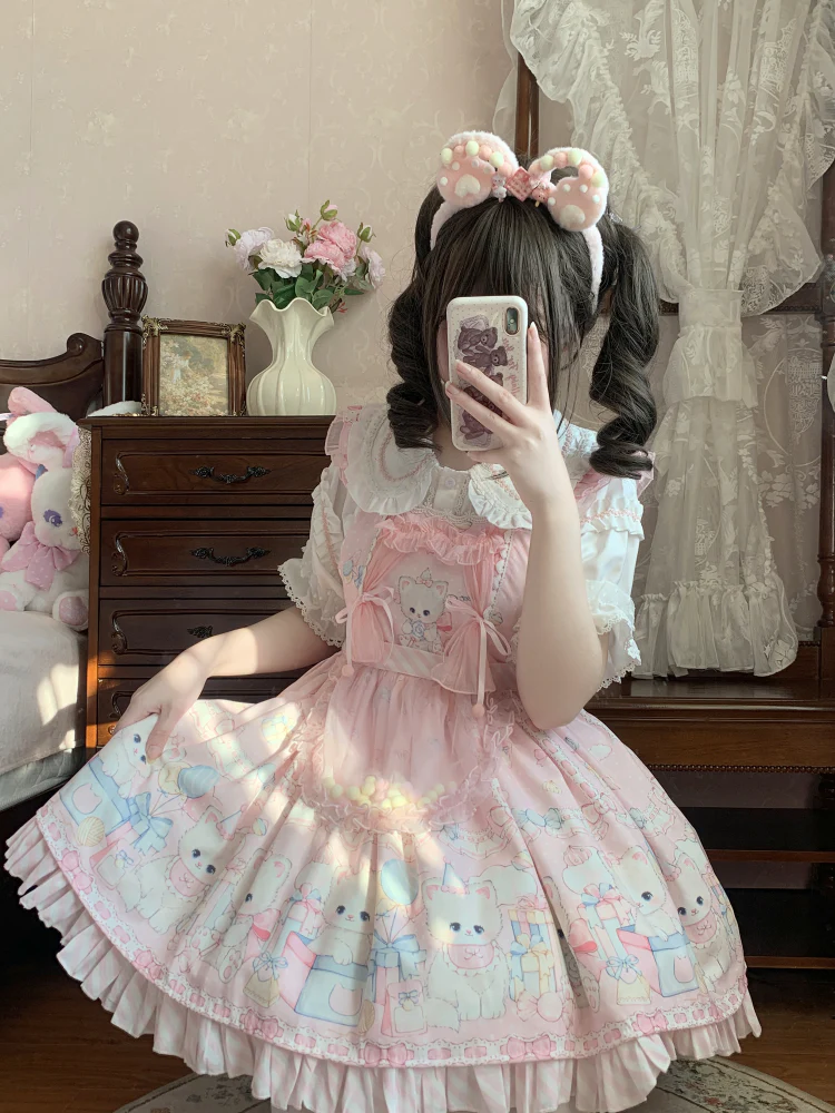 Suiyi - Meow Pompom - Sweet Lolita Salopette Dress Suit, Cat Print - Image 9