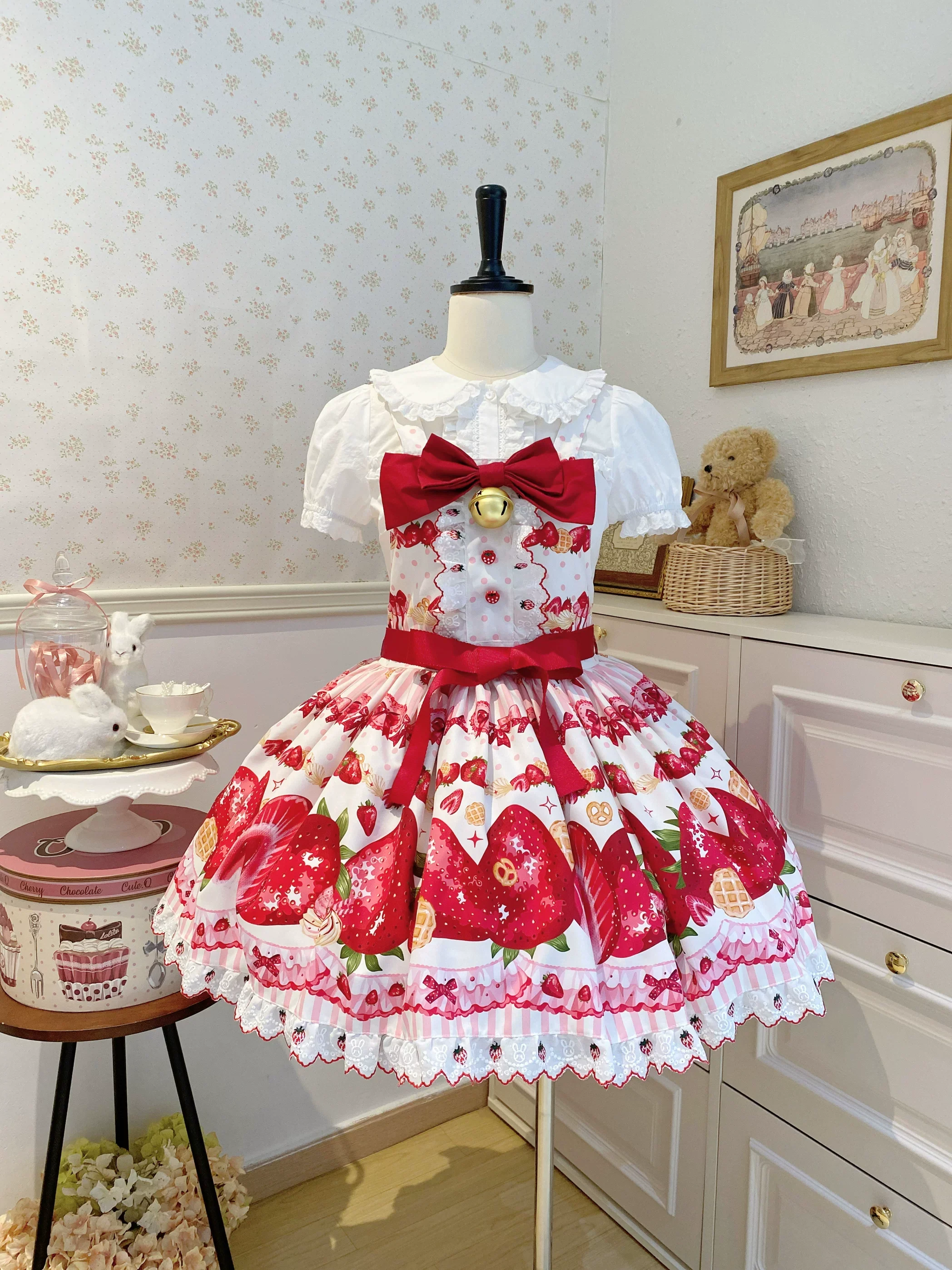 Strawberry Sweetheart Cake - Sweet Lolita Salopette & JSK, Strawberry Print