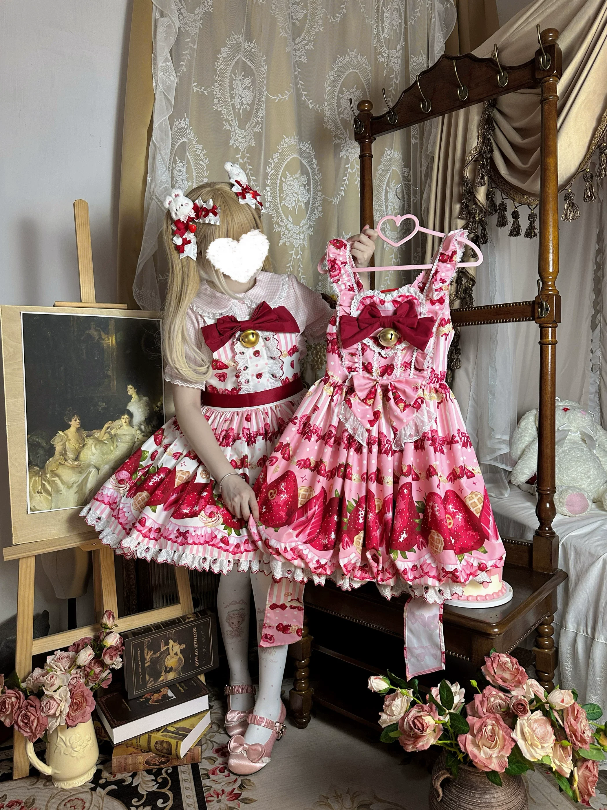 Strawberry Sweetheart Cake - Sweet Lolita Salopette & JSK, Strawberry Print - Image 3