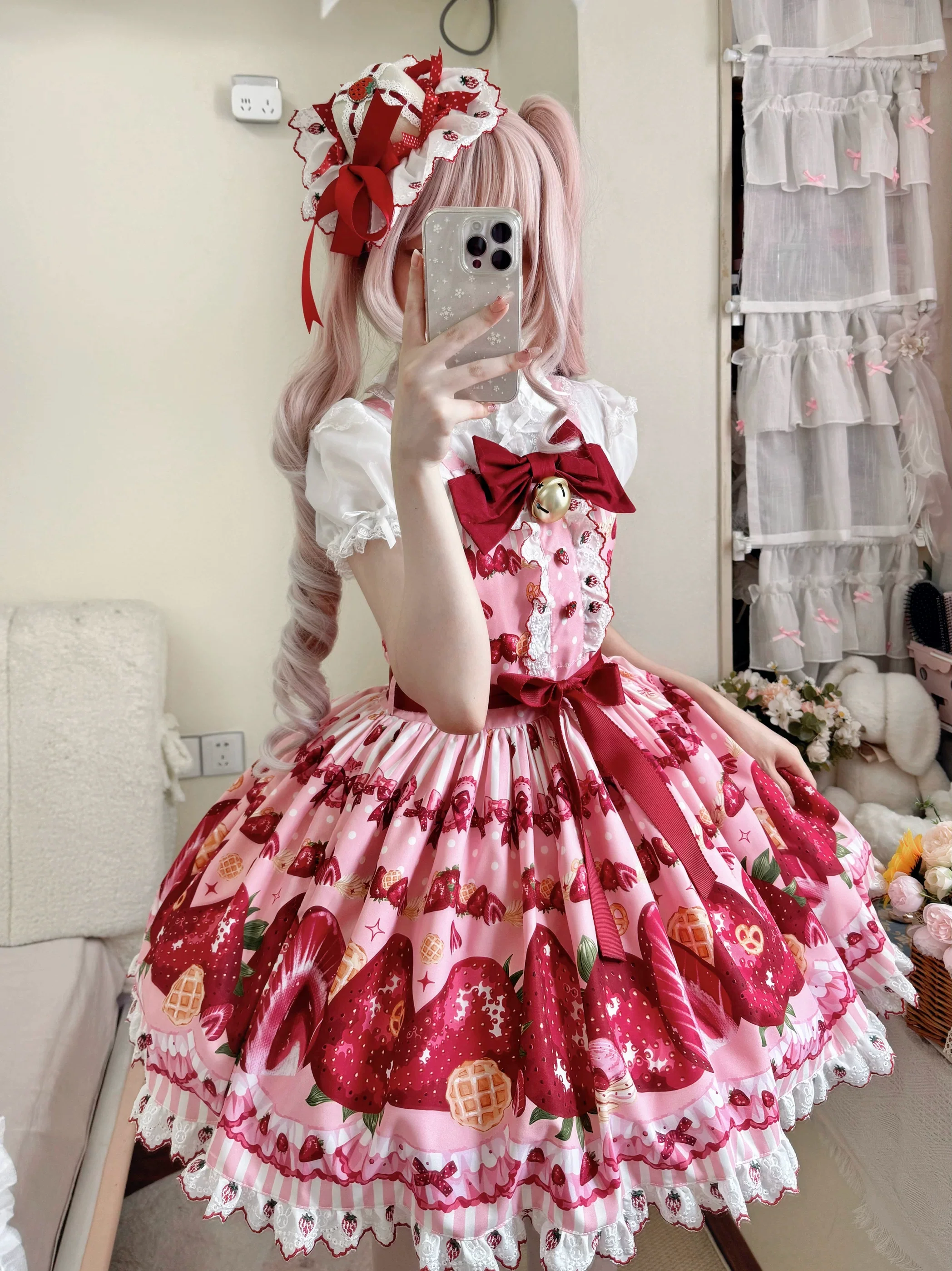 Strawberry Sweetheart Cake - Sweet Lolita Salopette & JSK, Strawberry Print - Image 5