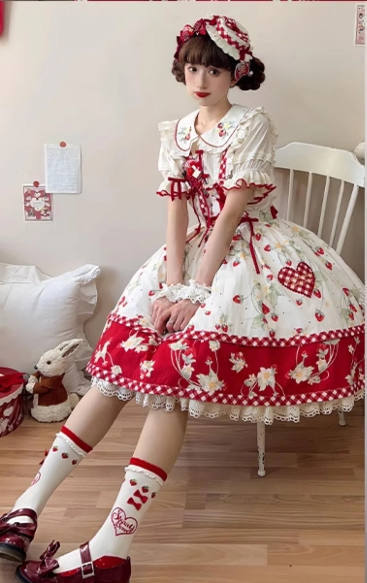 Piggy Bun - Sweet Lolita Shirt Strawberry Embroidery Ivory Blouse - Image 16