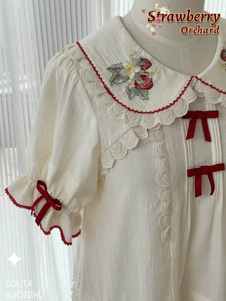 Piggy Bun - Sweet Lolita Shirt Strawberry Embroidery Ivory Blouse - Image 2