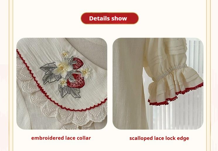 Piggy Bun - Sweet Lolita Shirt Strawberry Embroidery Ivory Blouse - Image 3