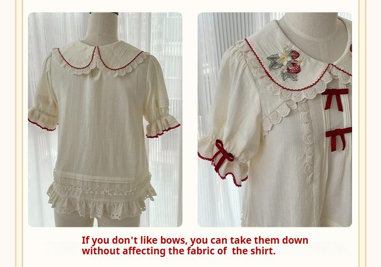 Piggy Bun - Sweet Lolita Shirt Strawberry Embroidery Ivory Blouse - Image 4