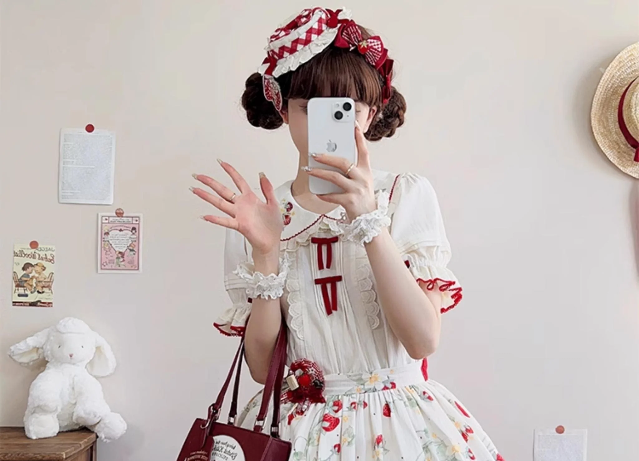 Piggy Bun - Sweet Lolita Shirt Strawberry Embroidery Ivory Blouse - Image 5