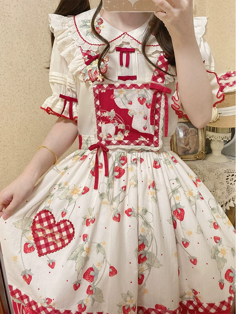 Piggy Bun - Sweet Lolita Shirt Strawberry Embroidery Ivory Blouse - Image 7