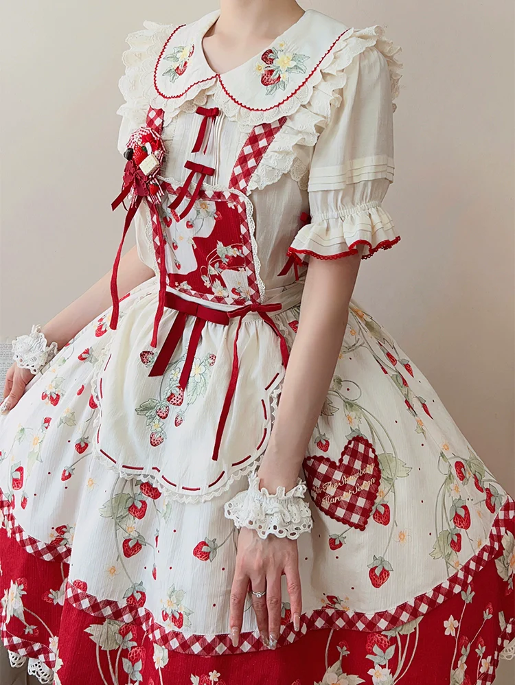 Piggy Bun - Sweet Lolita Shirt Strawberry Embroidery Ivory Blouse - Image 8