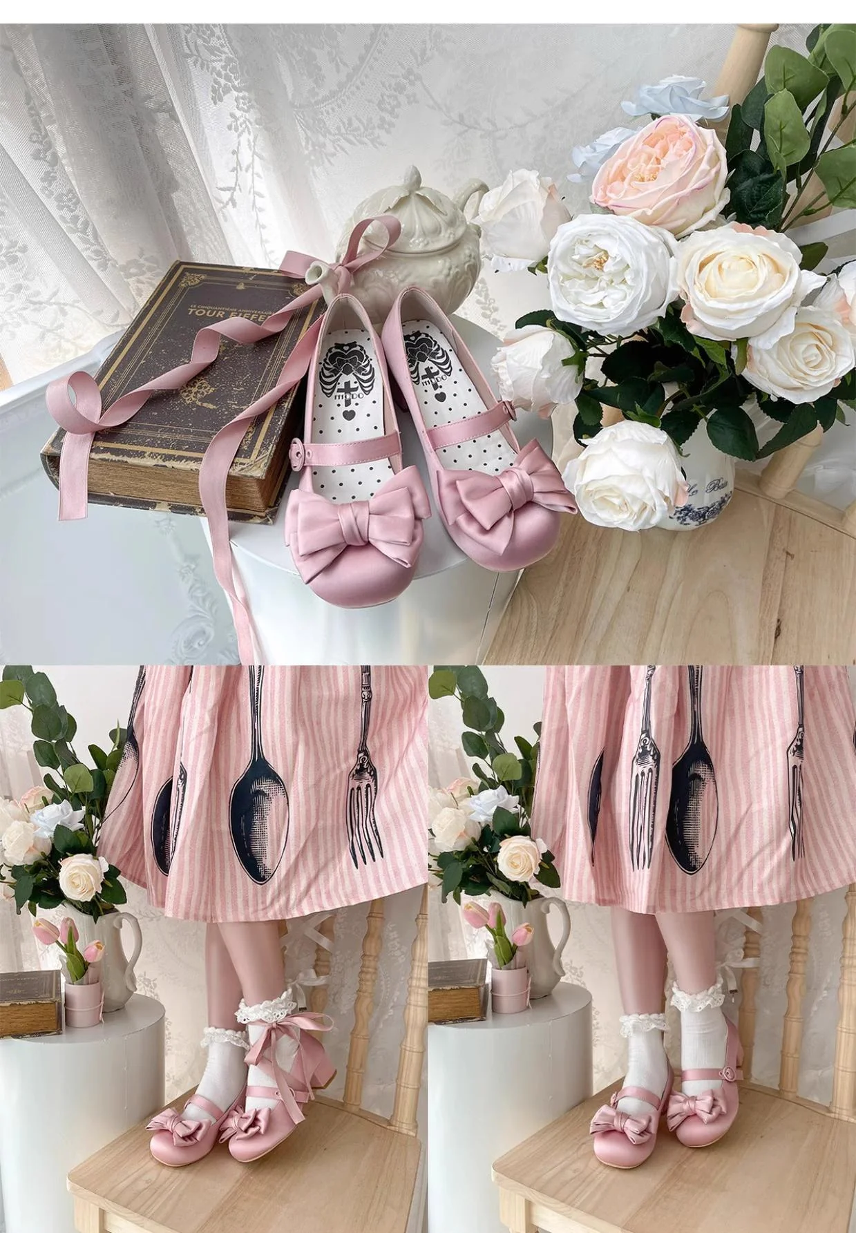 MODO - Sissi - Sweet Lolita Shoes Satin Low Chunky Heels with Bow - Image 11