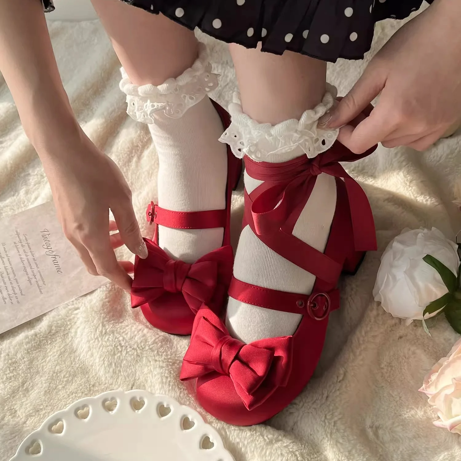 MODO - Sissi - Sweet Lolita Shoes Satin Low Chunky Heels with Bow - Image 4