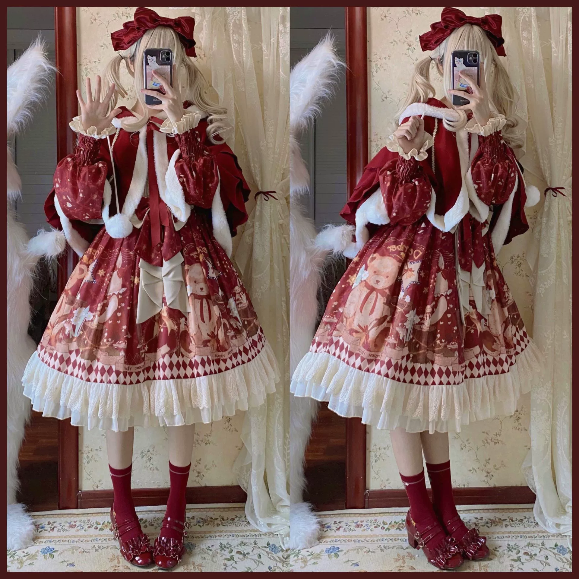 Matutu - Sweet Bear Gift House - Sweet Lolita Suit Christmas Lolita OP and Cape - Image 2