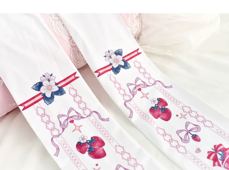 Wuxiaoliu - Sweet Lolita Tights Strawberry Bow Printing White Pantyhose - Image 4