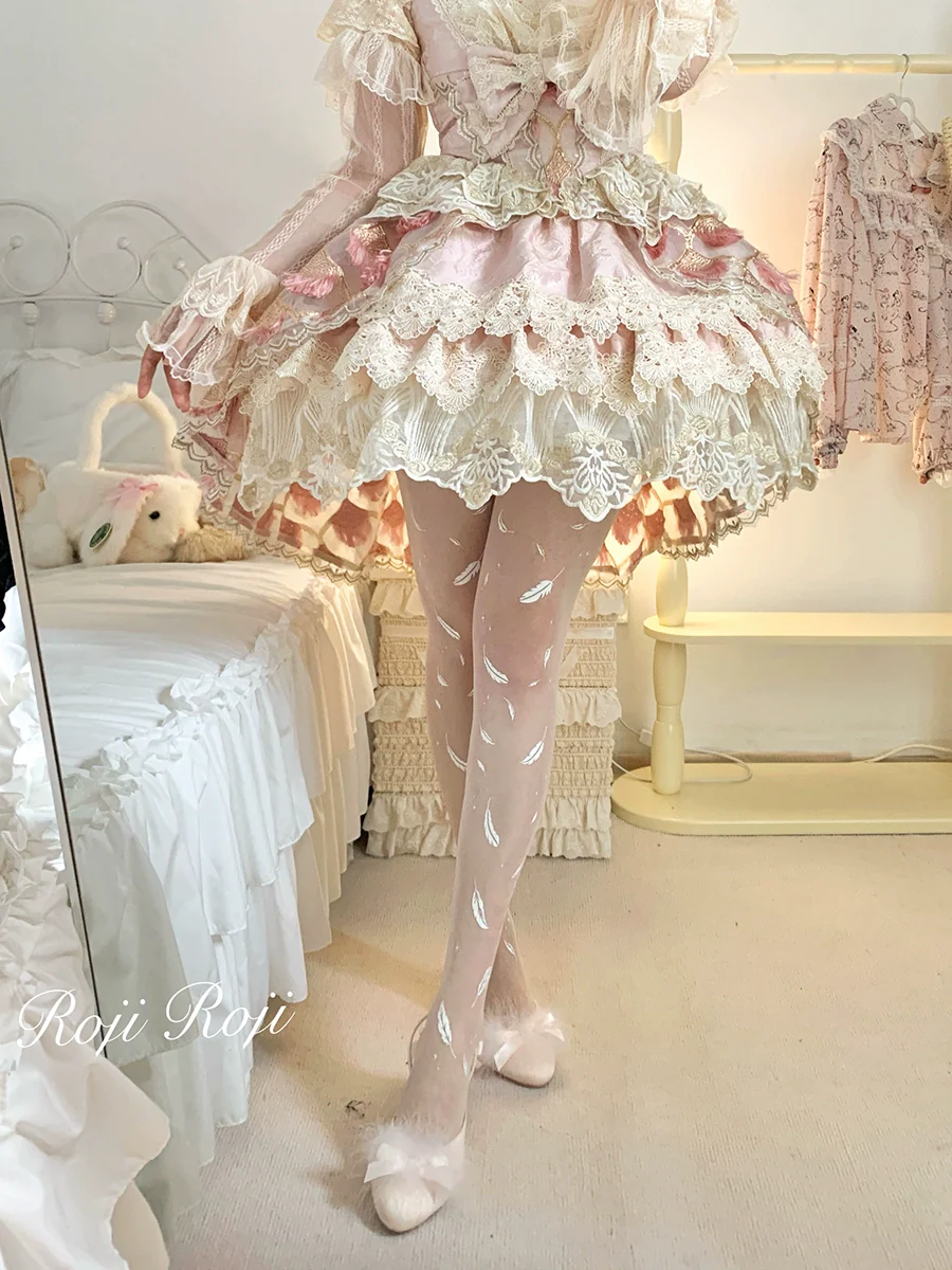 Roji Roji - Sweet Lolita Tights Women Feather Print Pantyhose - Image 2