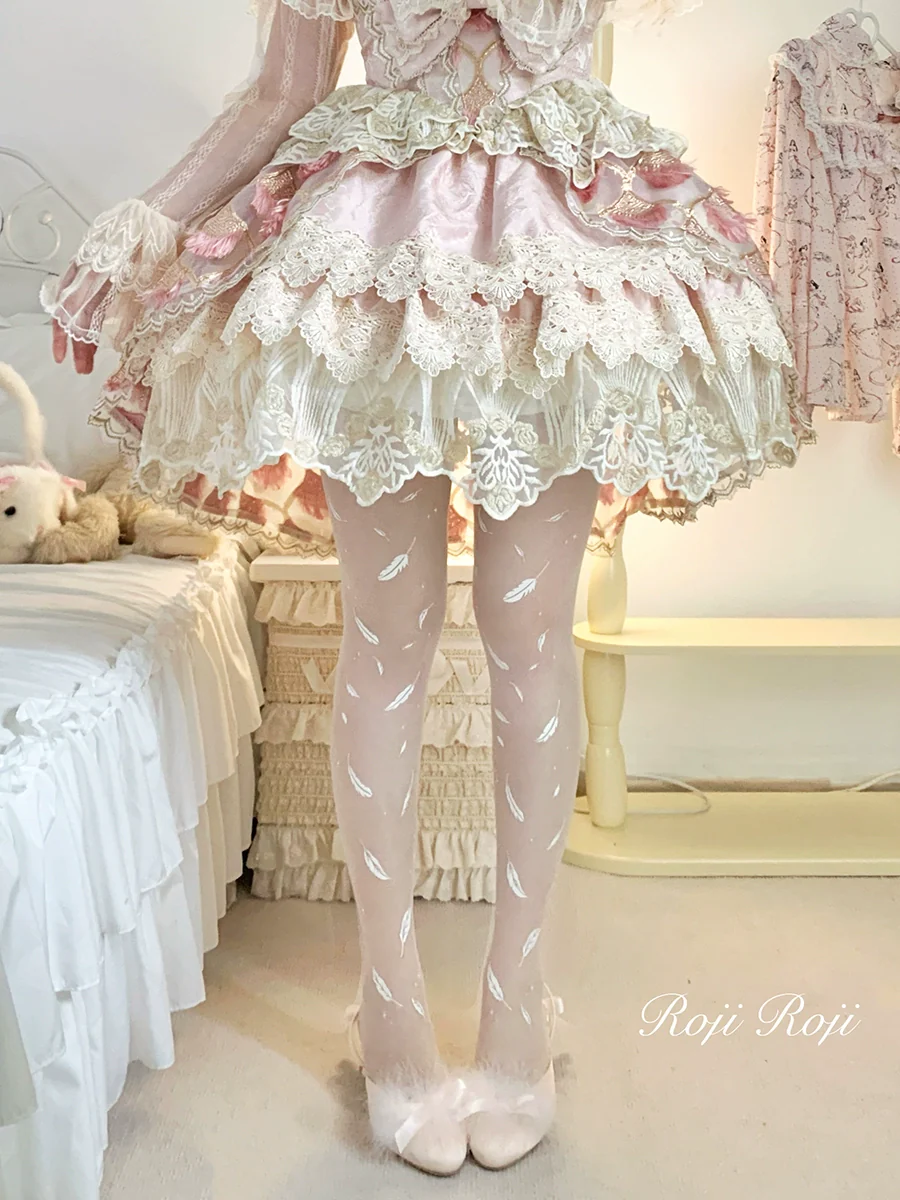 Roji Roji - Sweet Lolita Tights Women Feather Print Pantyhose - Image 4