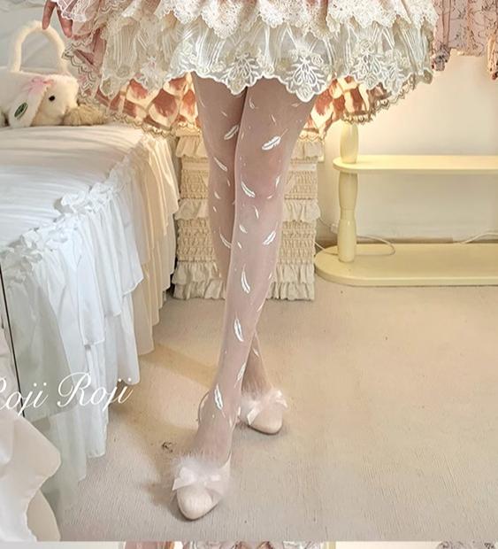 Roji Roji - Sweet Lolita Tights Women Feather Print Pantyhose - Image 6