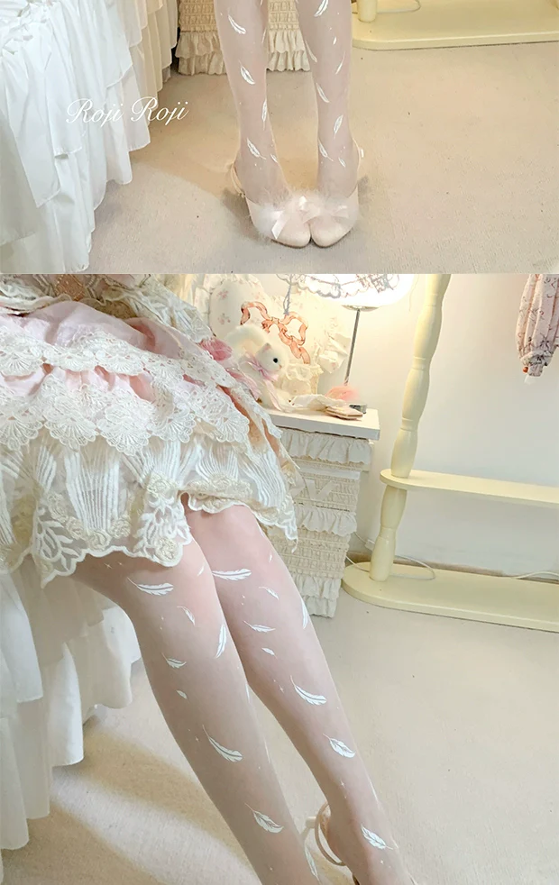 Roji Roji - Sweet Lolita Tights Women Feather Print Pantyhose - Image 7