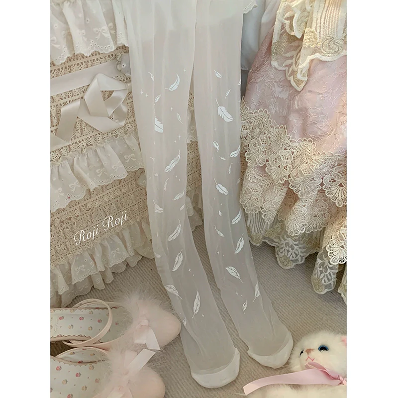 Roji Roji - Sweet Lolita Tights Women Feather Print Pantyhose - Image 8