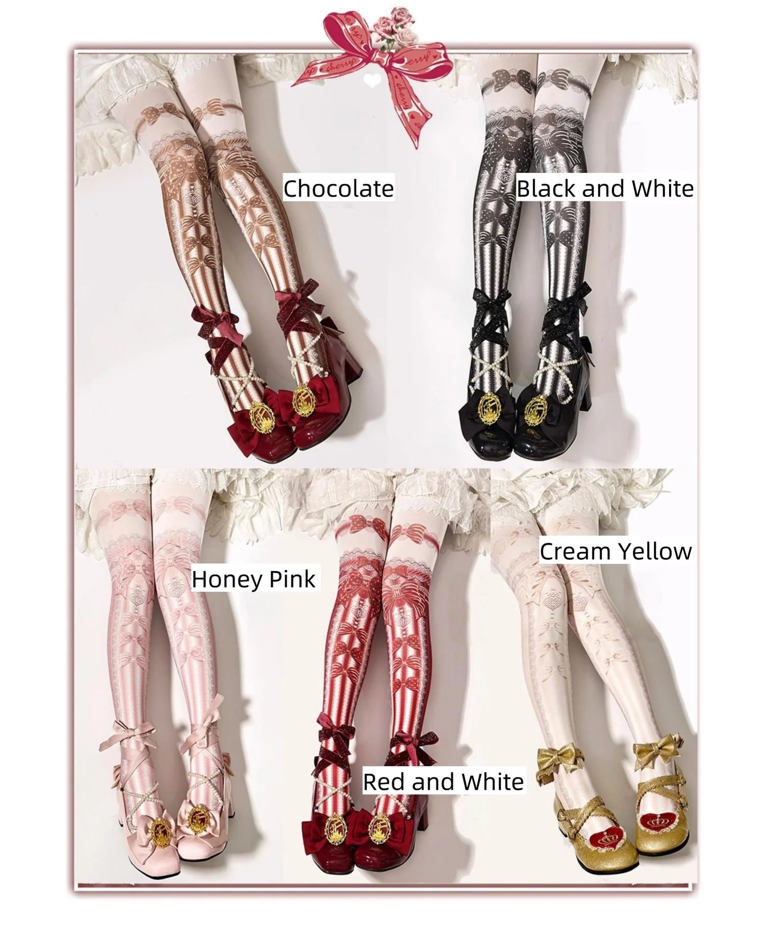Red Maria - Sweet Lolita Velvet Pantyhose, Bow Printed - Image 3