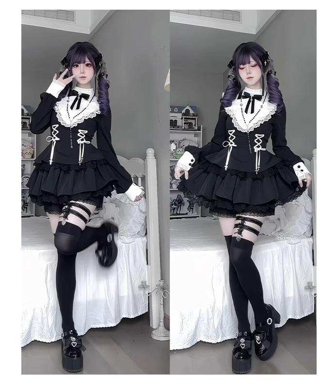 With Puji - Doki - Twin Lolita OP Black/White Goth Dress with Pocketed Shorts - Image 17