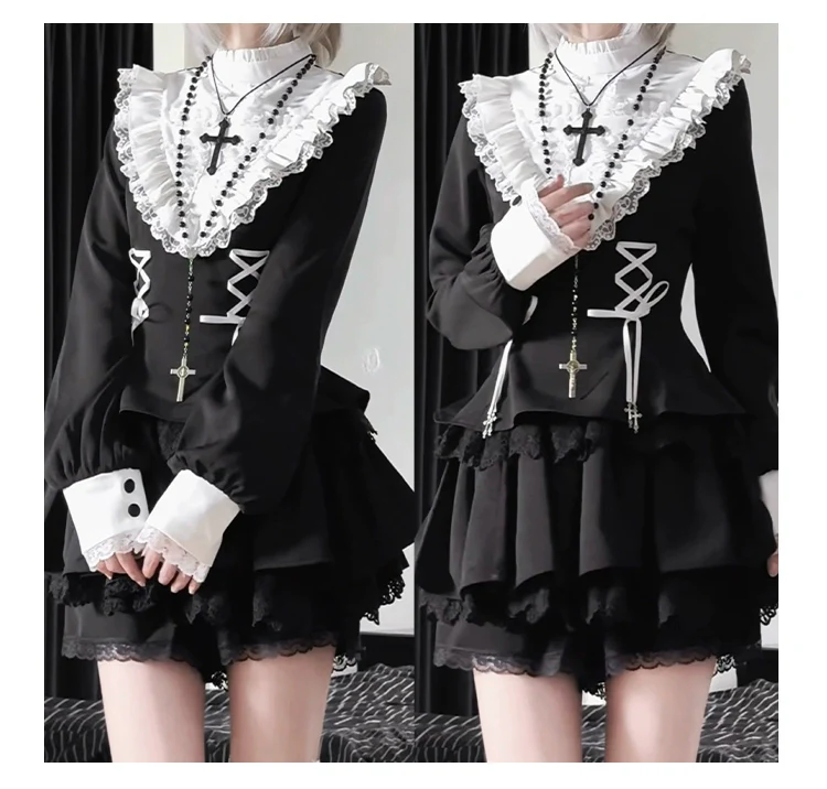 With Puji - Doki - Twin Lolita OP Black/White Goth Dress with Pocketed Shorts - Image 18