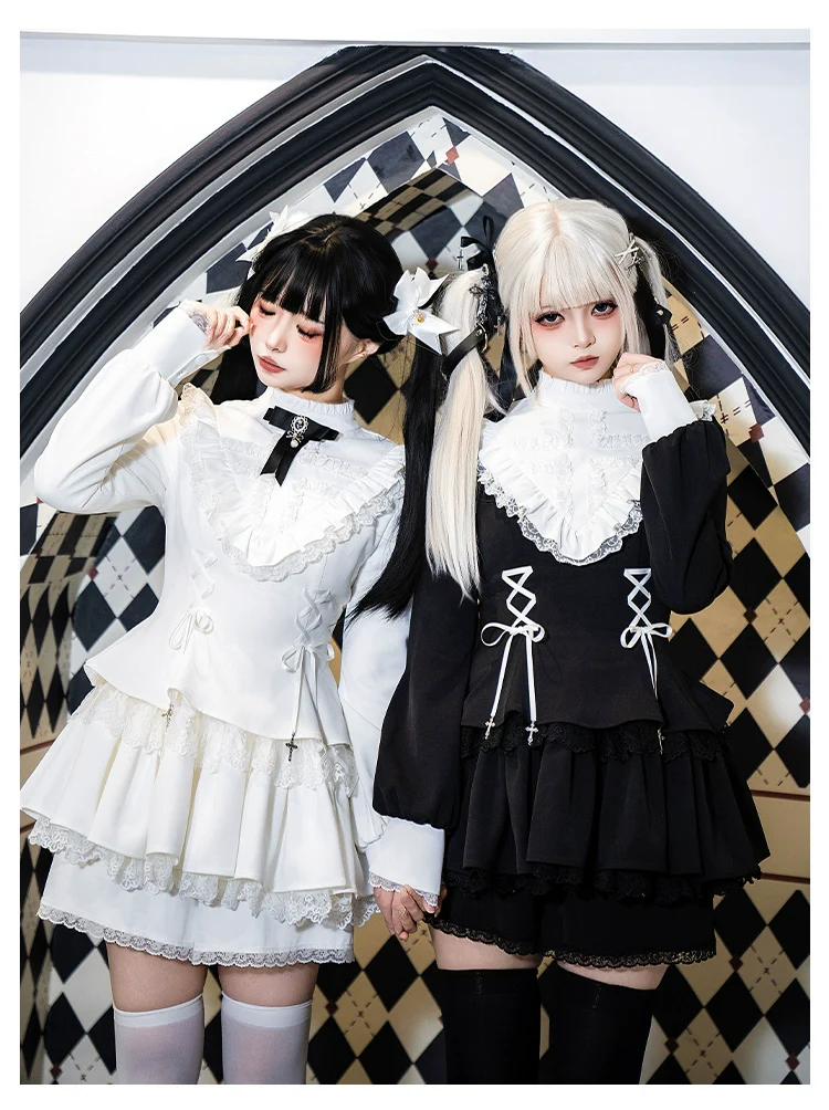 With Puji - Doki - Twin Lolita OP Black/White Goth Dress with Pocketed Shorts - Image 2