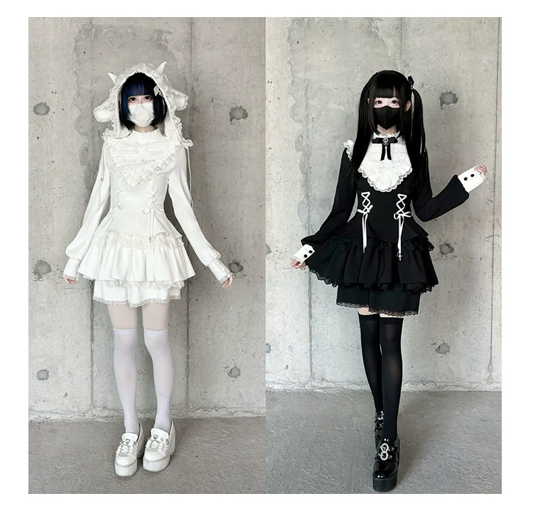 With Puji - Doki - Twin Lolita OP Black/White Goth Dress with Pocketed Shorts - Image 23