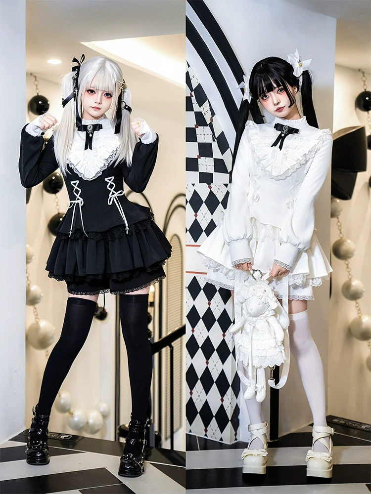 With Puji - Doki - Twin Lolita OP Black/White Goth Dress with Pocketed Shorts - Image 6