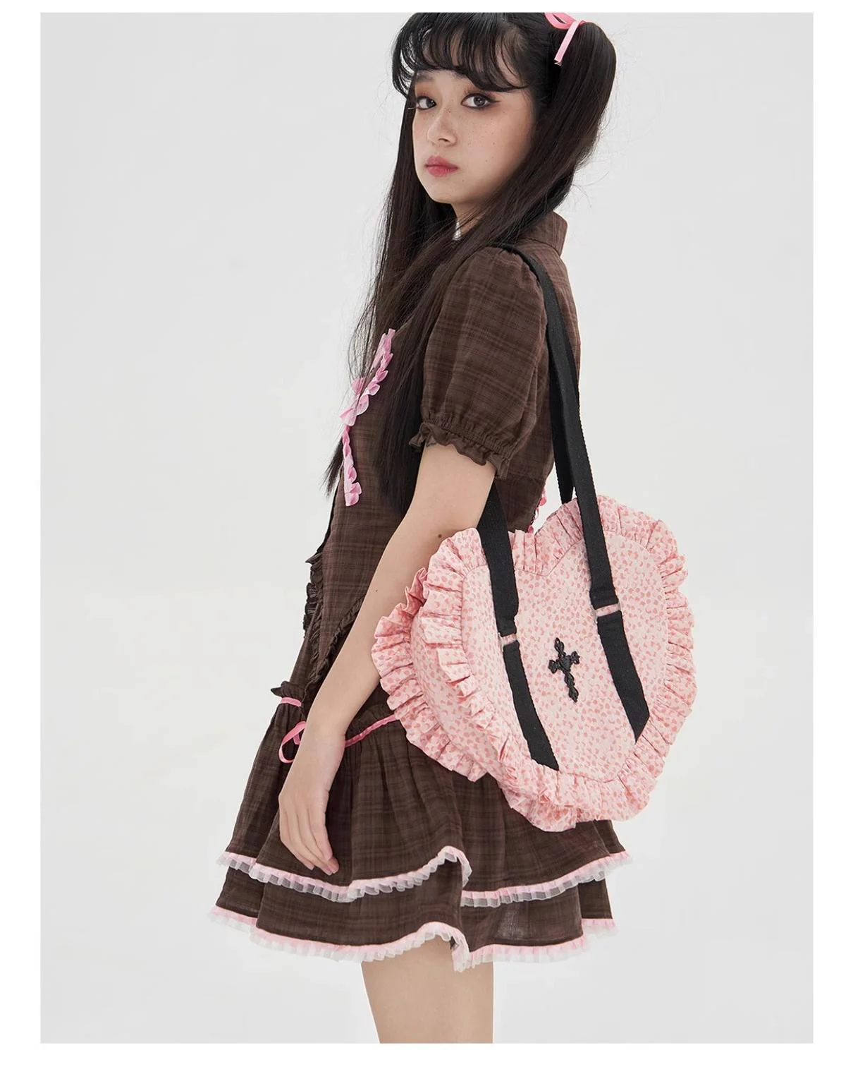 SOS MEME CLUB - Vintage Lolita Heart Shaped Plaid Dot Print JK Uniform Bag - Image 2