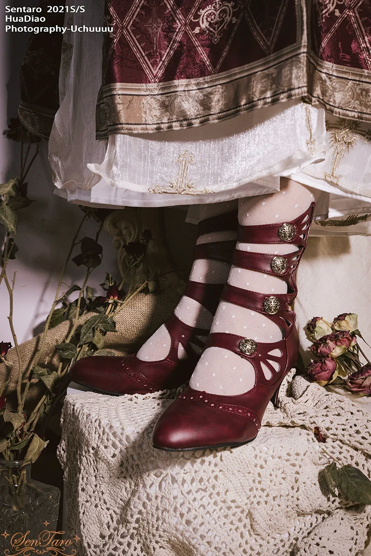 Floral Carved - Vintage Lolita Shoes Mary Jane Hollow-out Ankle Boots - Image 3
