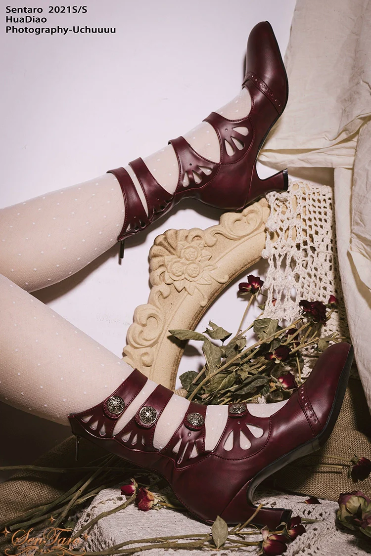 Floral Carved - Vintage Lolita Shoes Mary Jane Hollow-out Ankle Boots - Image 9