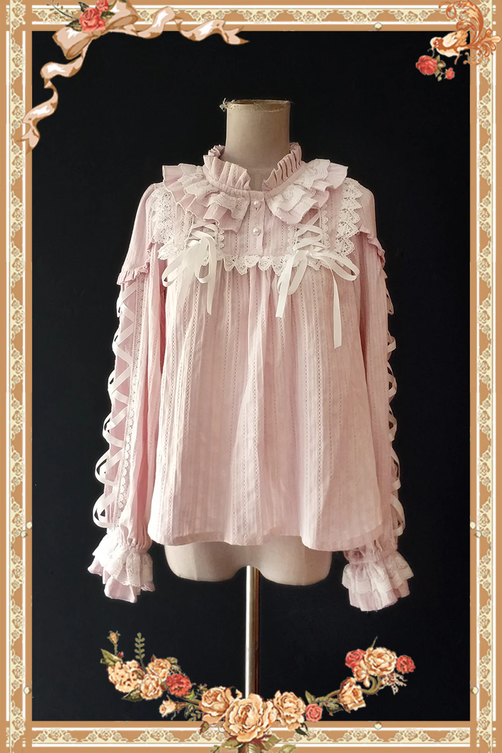 Warm Tea - Cute Ribbon Long Sleeves Cotton Blouse - Image 4