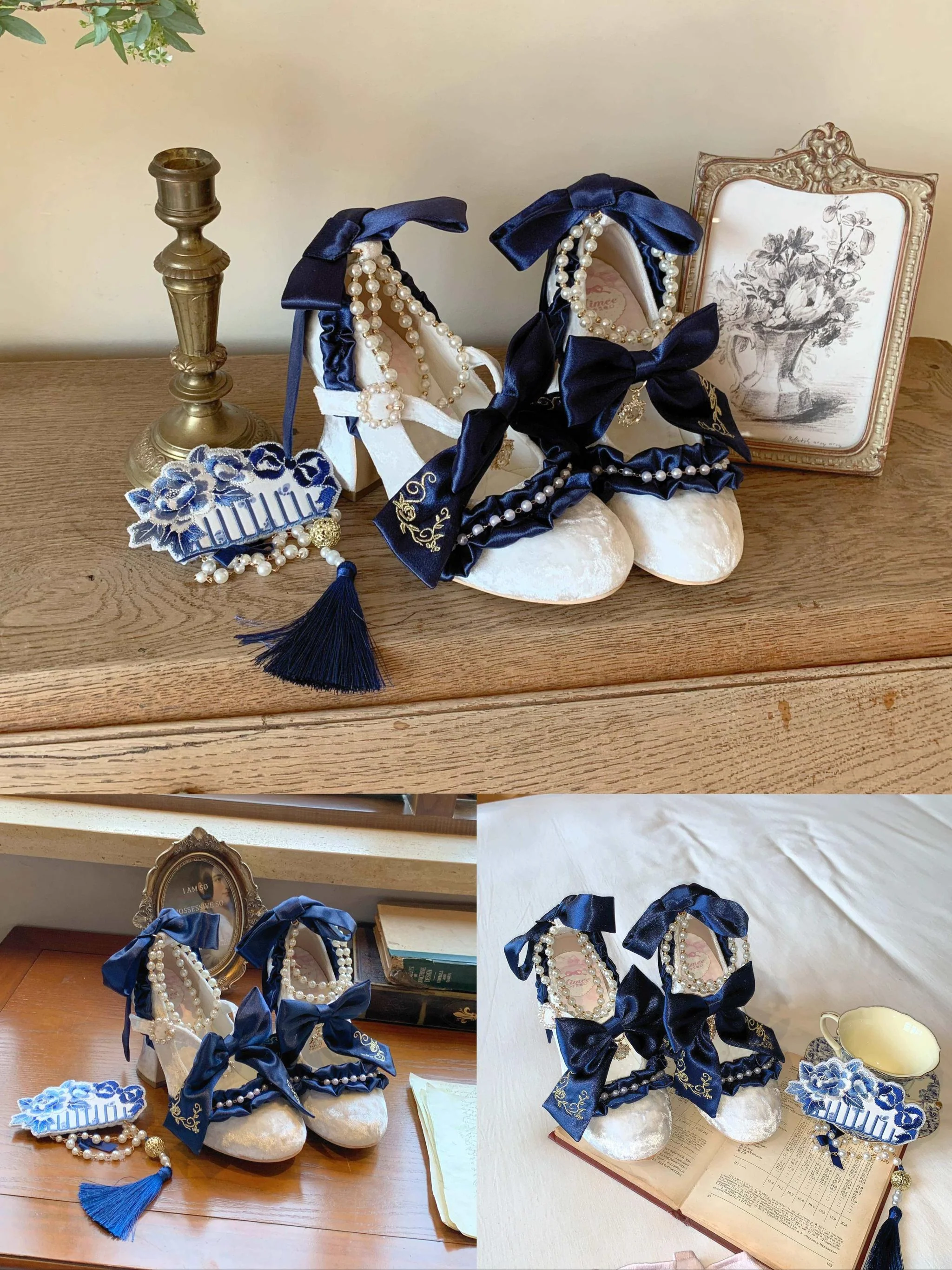 Ribbon Anthem - Wedding Classic Lolita Heels, Detachable Bow & Pearl Ribbon - Image 13