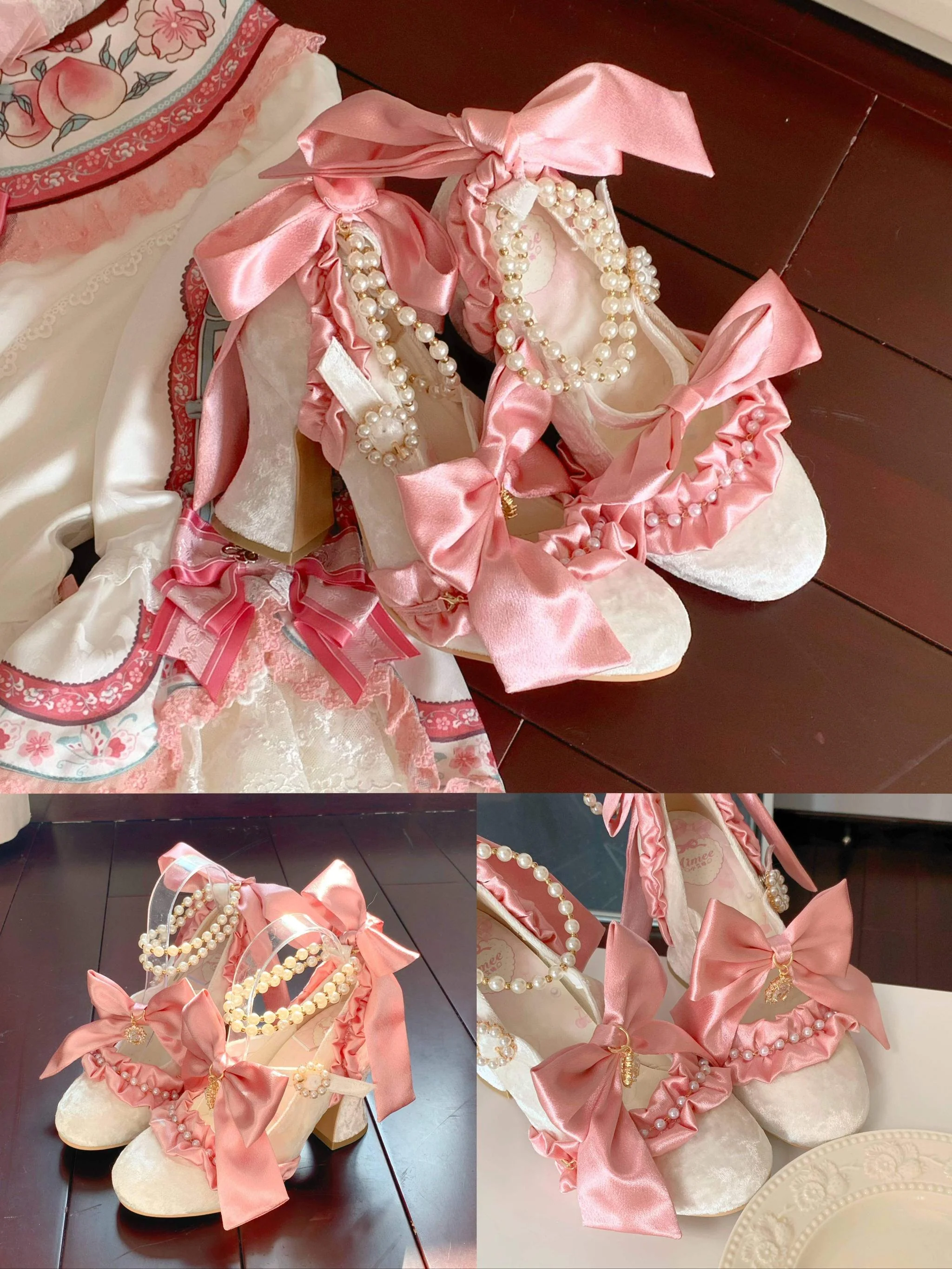 Ribbon Anthem - Wedding Classic Lolita Heels, Detachable Bow & Pearl Ribbon - Image 4
