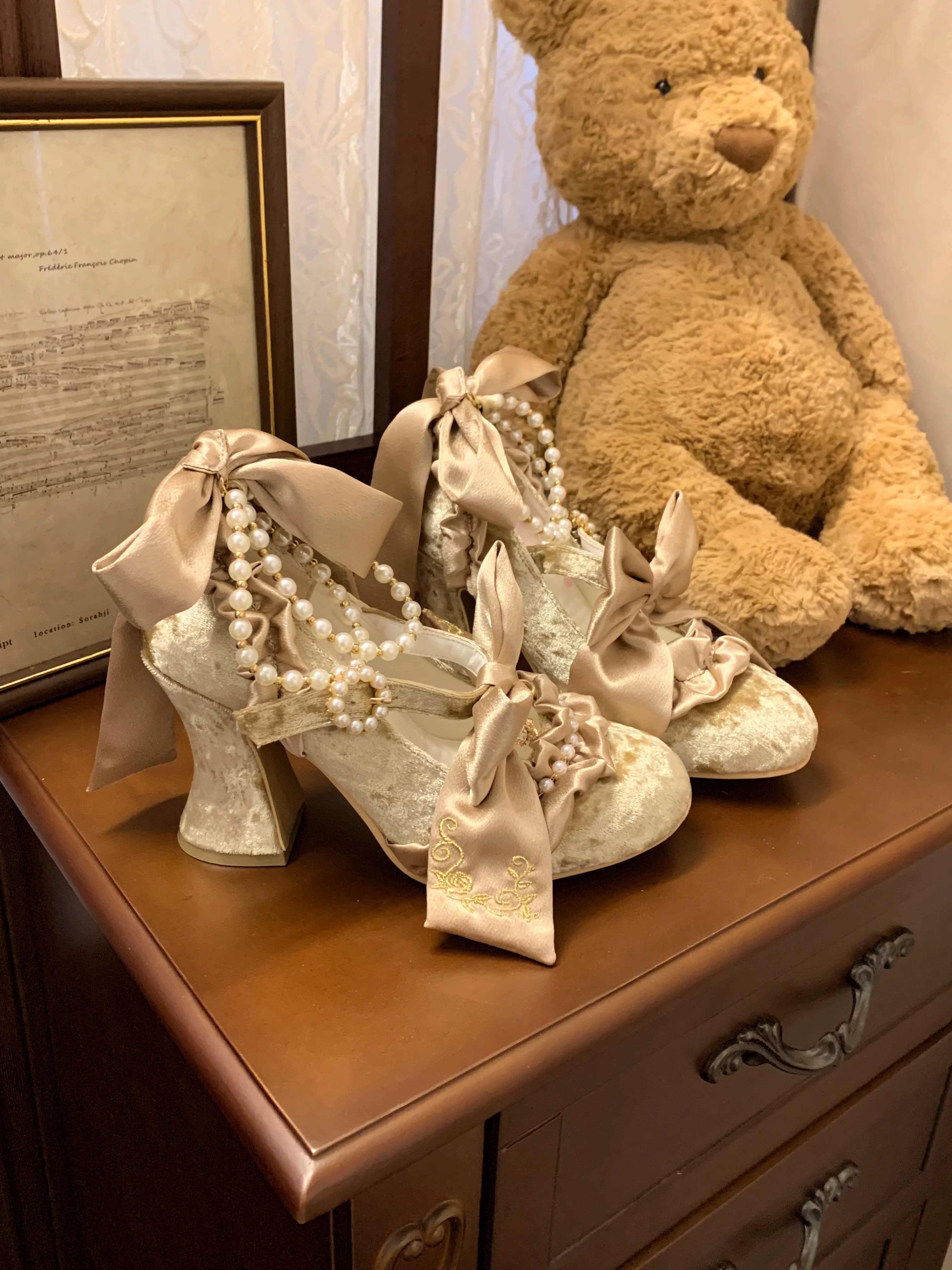 Ribbon Anthem - Wedding Classic Lolita Heels, Detachable Bow & Pearl Ribbon - Image 6