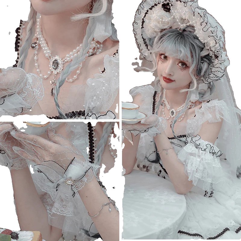 Dark Starry Night - Wedding Lolita Bonnet Bridal Mesh Gloves and Necklace - Image 4
