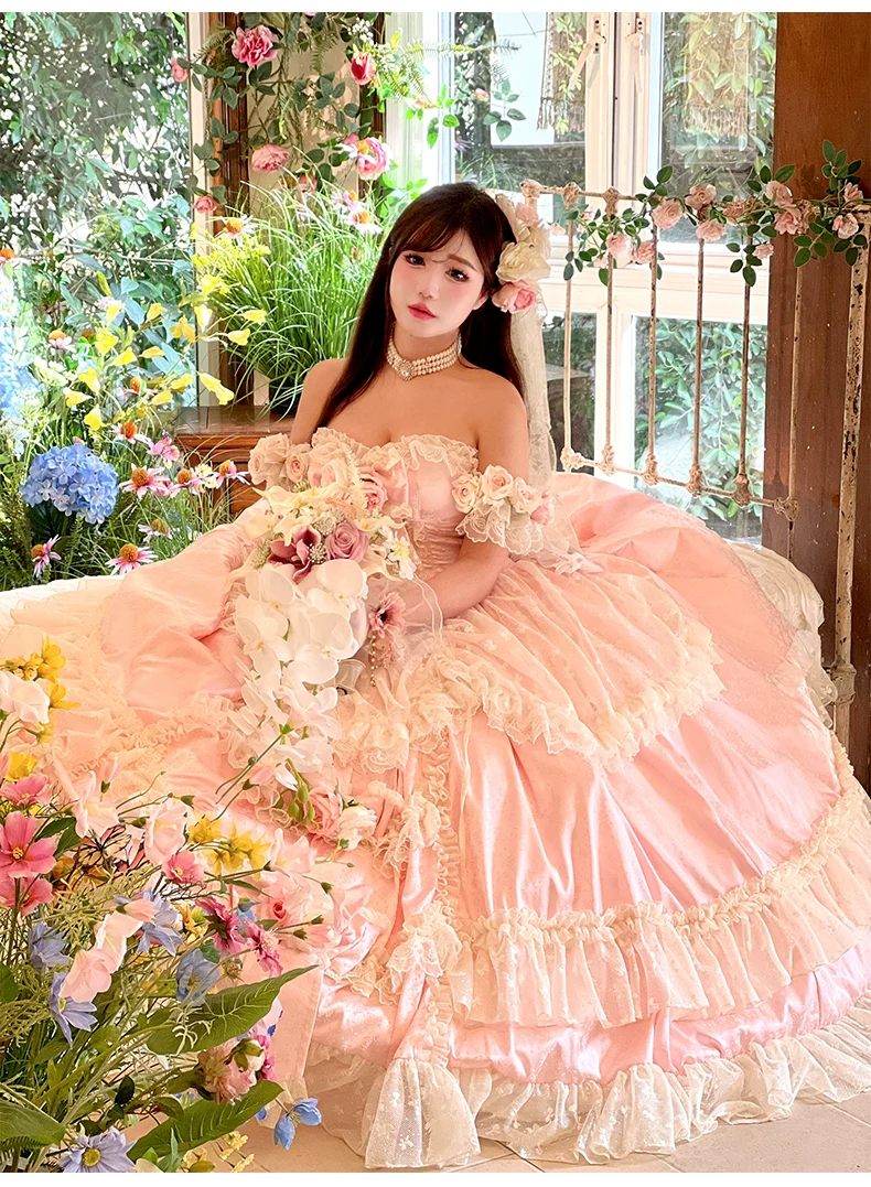 Love and Roses - Princess Bridal Wedding Lolita Dress With Rose Detail and Tiered Skirt - Image 18