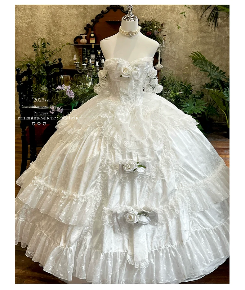 Love and Roses - Princess Bridal Wedding Lolita Dress With Rose Detail and Tiered Skirt - Image 29