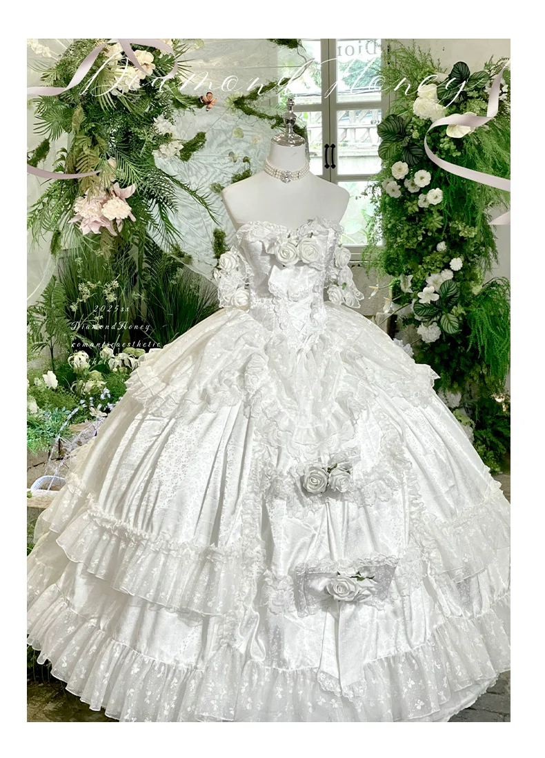 Love and Roses - Princess Bridal Wedding Lolita Dress With Rose Detail and Tiered Skirt - Image 30