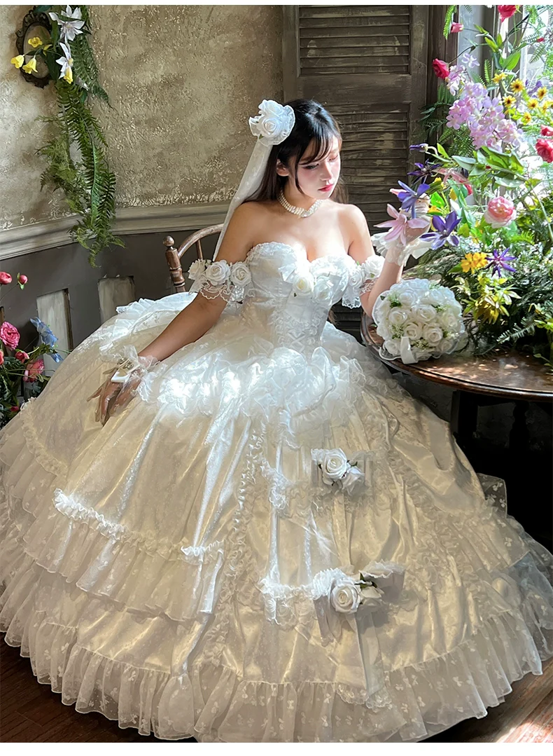 Love and Roses - Princess Bridal Wedding Lolita Dress With Rose Detail and Tiered Skirt - Image 5