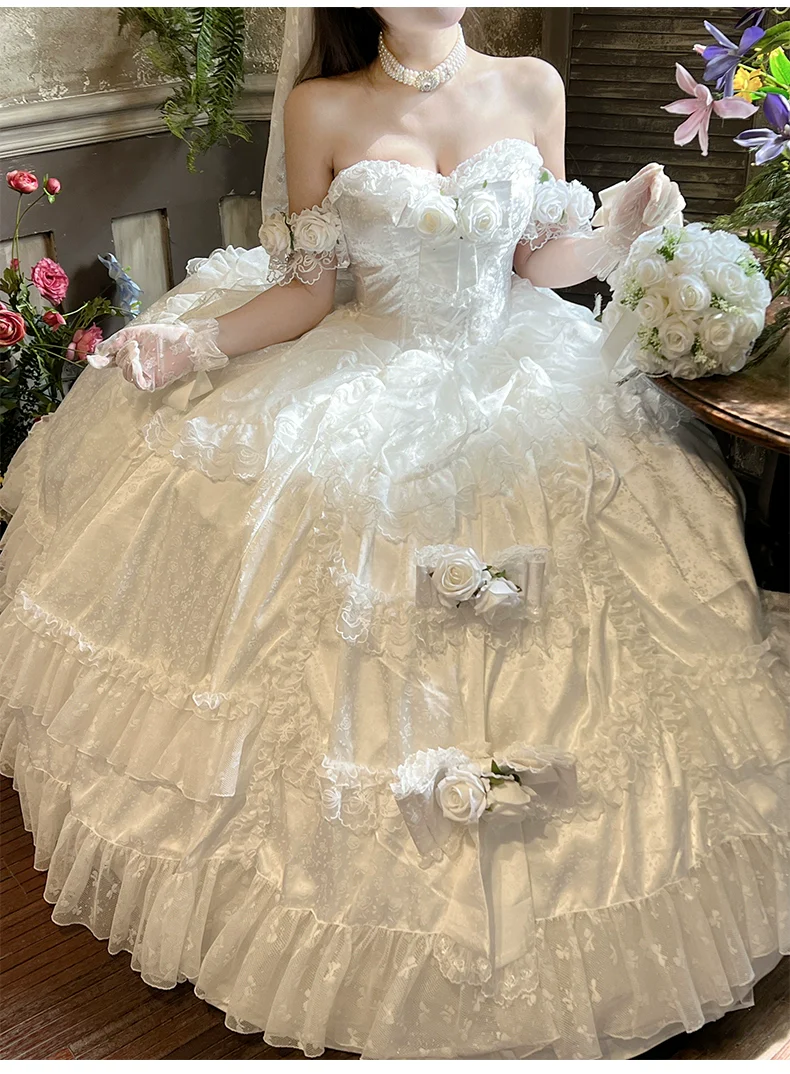 Love and Roses - Princess Bridal Wedding Lolita Dress With Rose Detail and Tiered Skirt - Image 6