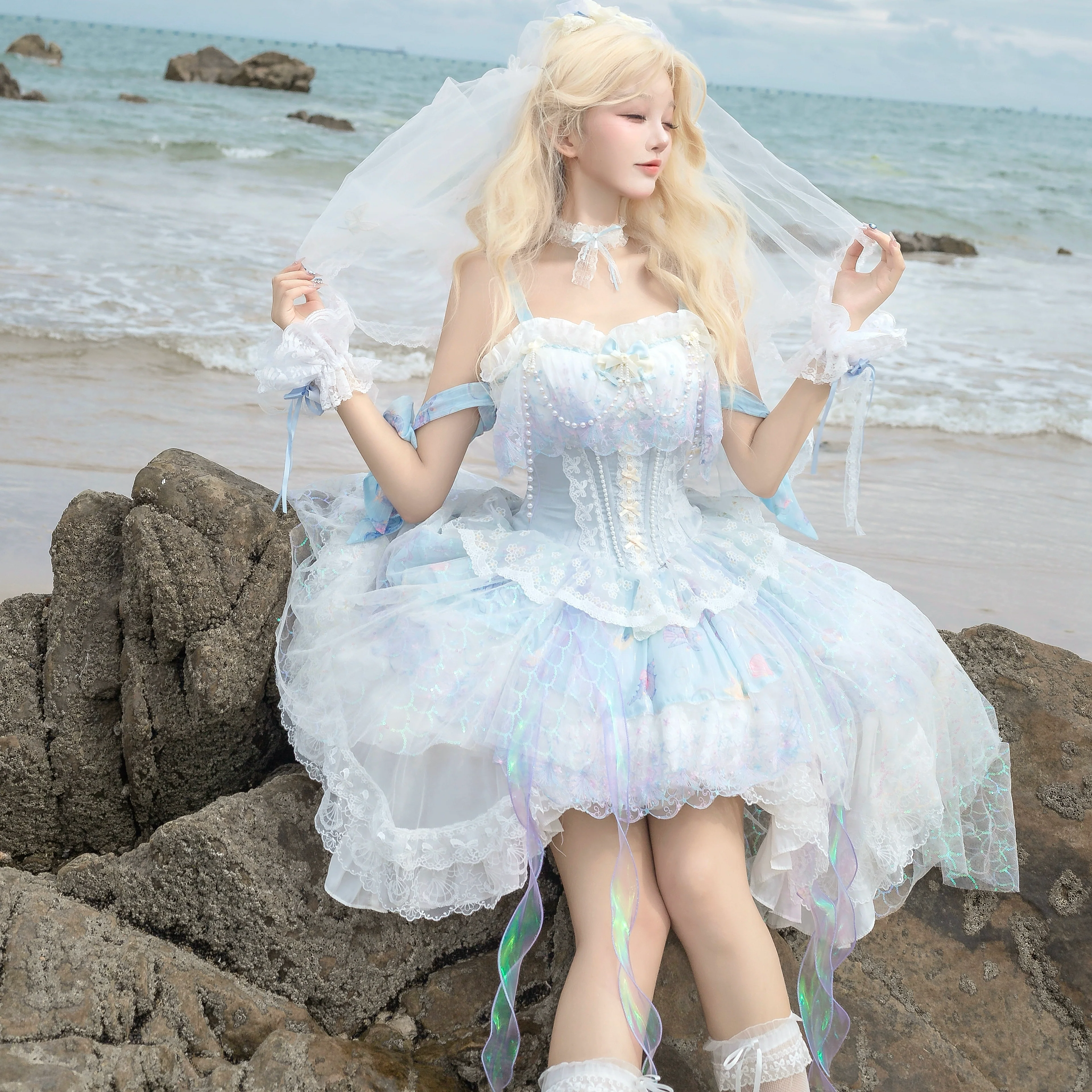 Qianmu - MermaidTears - Wedding Lolita JSK Dress, Ocean Theme - Image 5