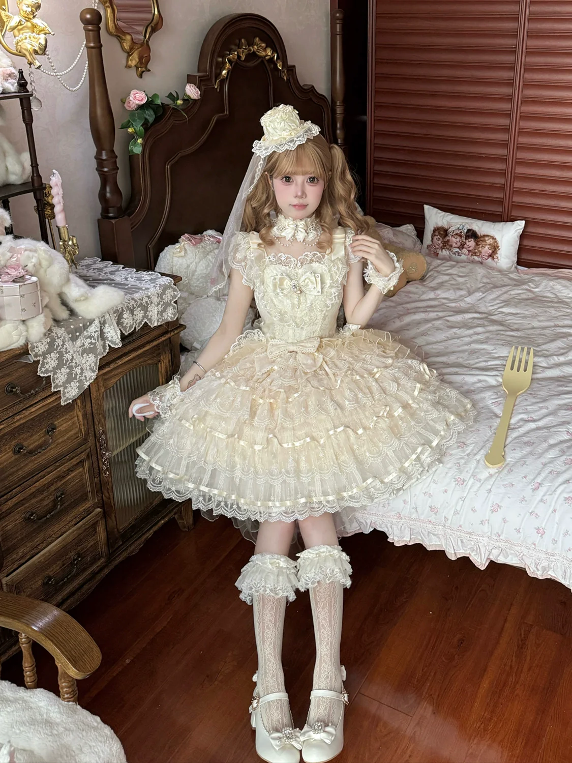 Hanguliang - Feather's Ballad - Wedding Lolita JSK Dress, Tiered Ruffles - Image 9