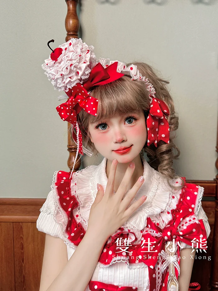 Shuang Sheng Xiao Xiong - Bite The Cake - White Sweet Lolita Blouse, Lace-Up Back - Image 10