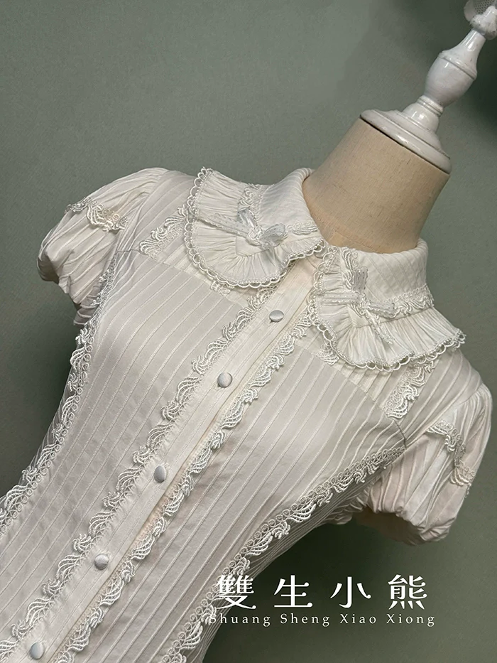 Shuang Sheng Xiao Xiong - Bite The Cake - White Sweet Lolita Blouse, Lace-Up Back - Image 12