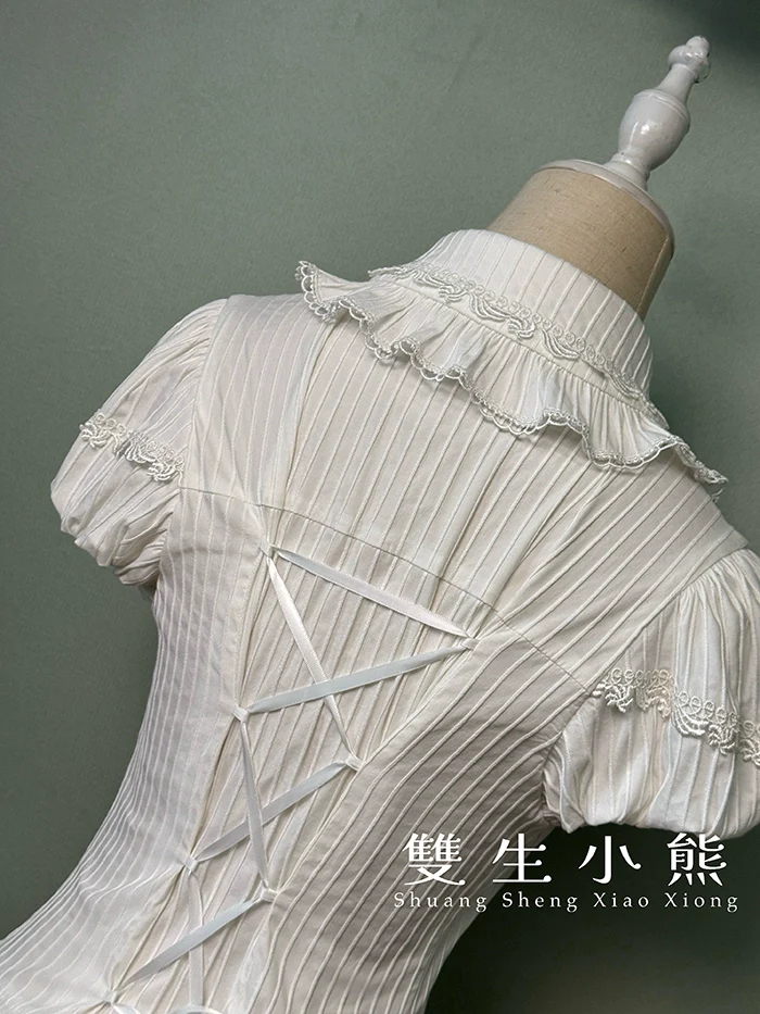 Shuang Sheng Xiao Xiong - Bite The Cake - White Sweet Lolita Blouse, Lace-Up Back - Image 17