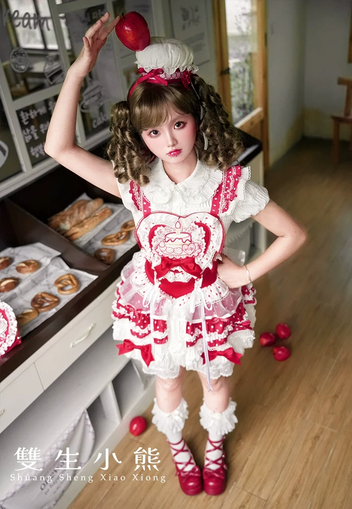 Shuang Sheng Xiao Xiong - Bite The Cake - White Sweet Lolita Blouse, Lace-Up Back - Image 7