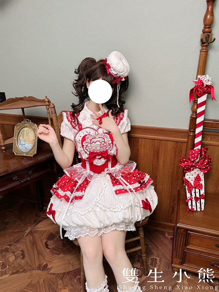 Shuang Sheng Xiao Xiong - Bite The Cake - White Sweet Lolita Blouse, Lace-Up Back - Image 8