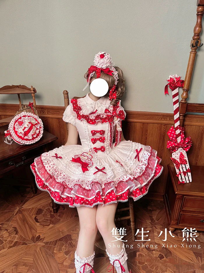Shuang Sheng Xiao Xiong - Bite The Cake - White Sweet Lolita Blouse, Lace-Up Back - Image 9