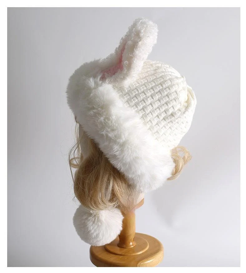 Xiaogui - Winter Kawaii Lolita Hat Plush Warm Hat with Pom-Poms - Image 4