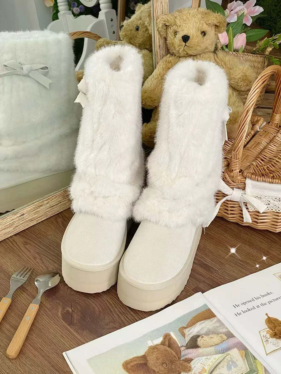 Winter Love Song - Winter Lolita Mid-Calf Boots Plush Snow Boots Thick Sole - Image 20