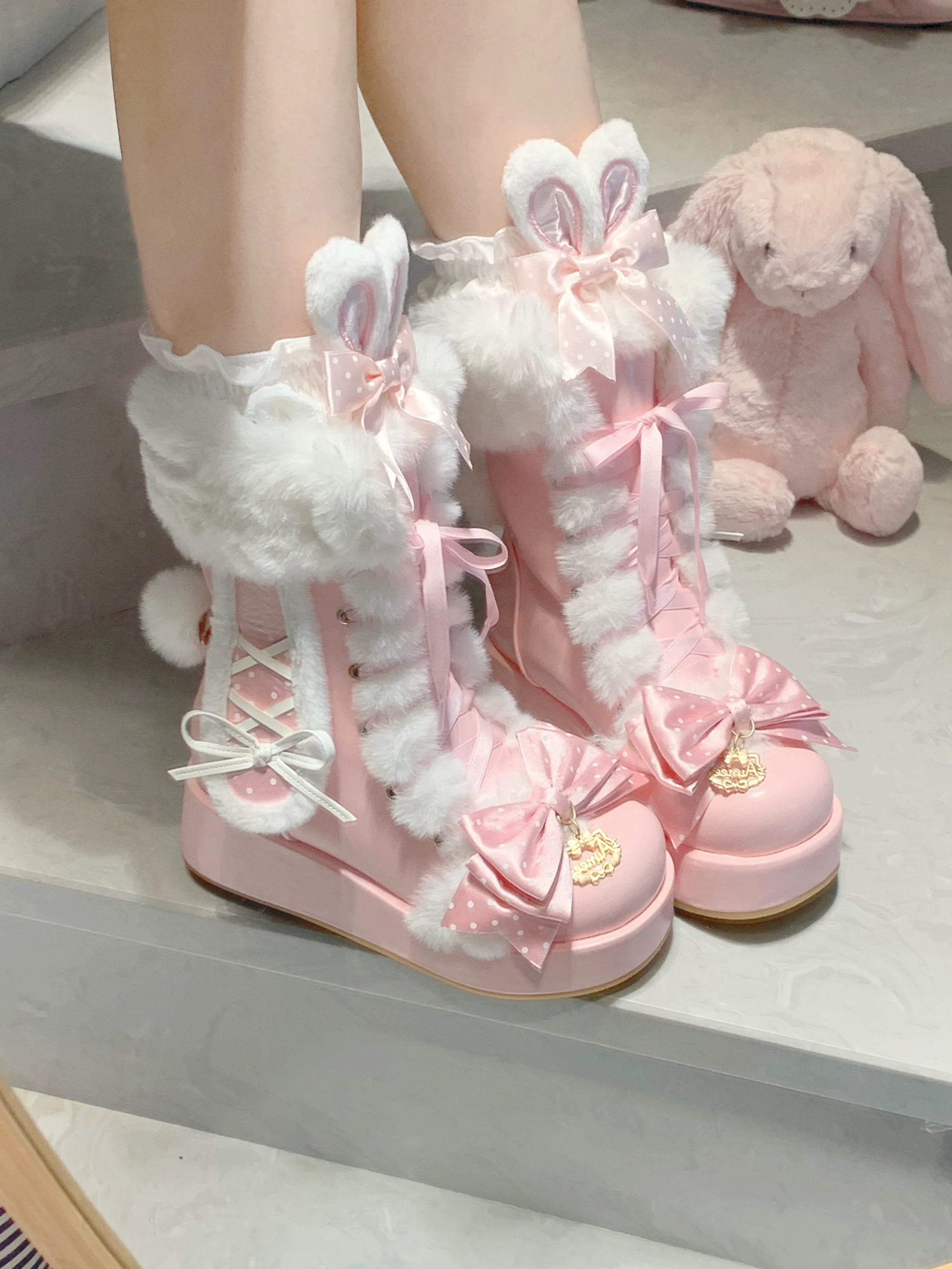 Aimee - Cherry Snow Bunny Ears - Winter Sweet Lolita Boots, Bunny Ears - Image 10
